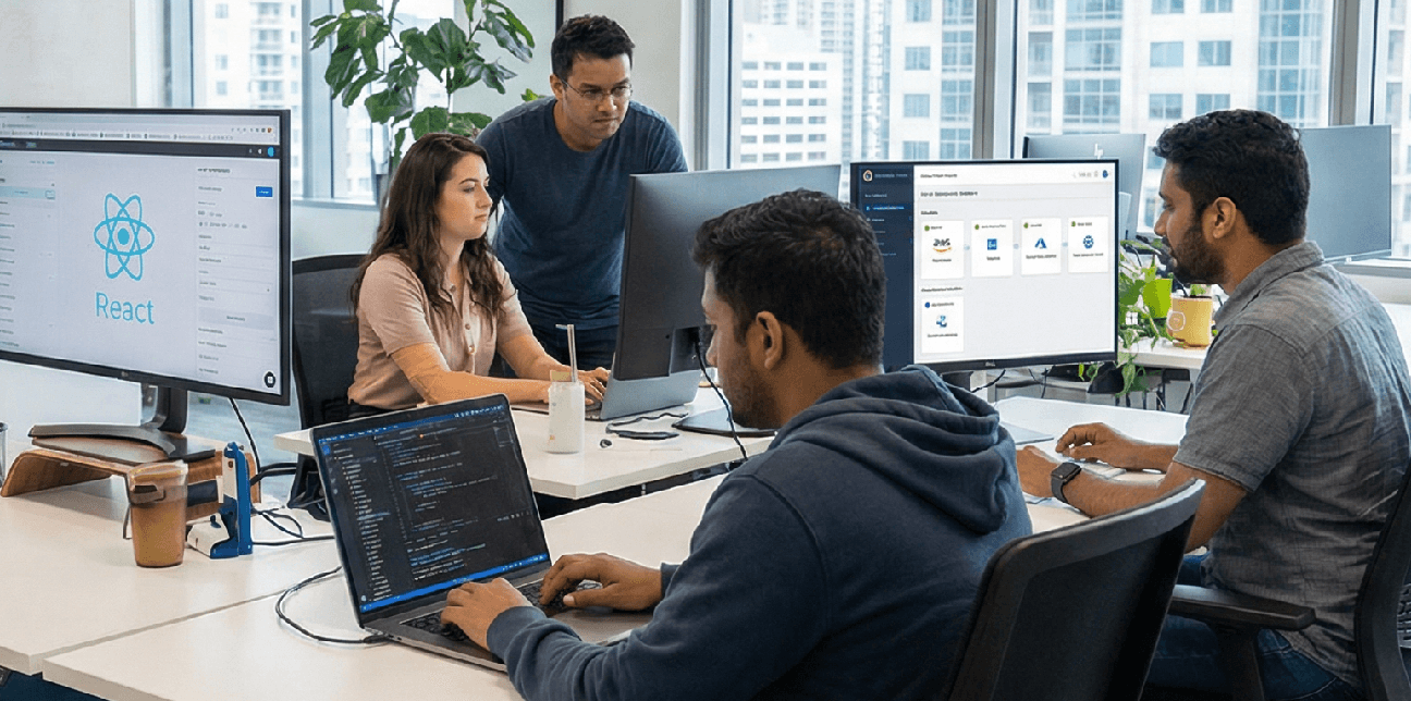 Team collaborating around a software delivery workspace
